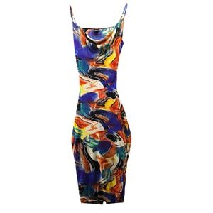 Blanc Clothing Mesh Cami Dress Size L Bodycon Multicolor Abstract Print Festival